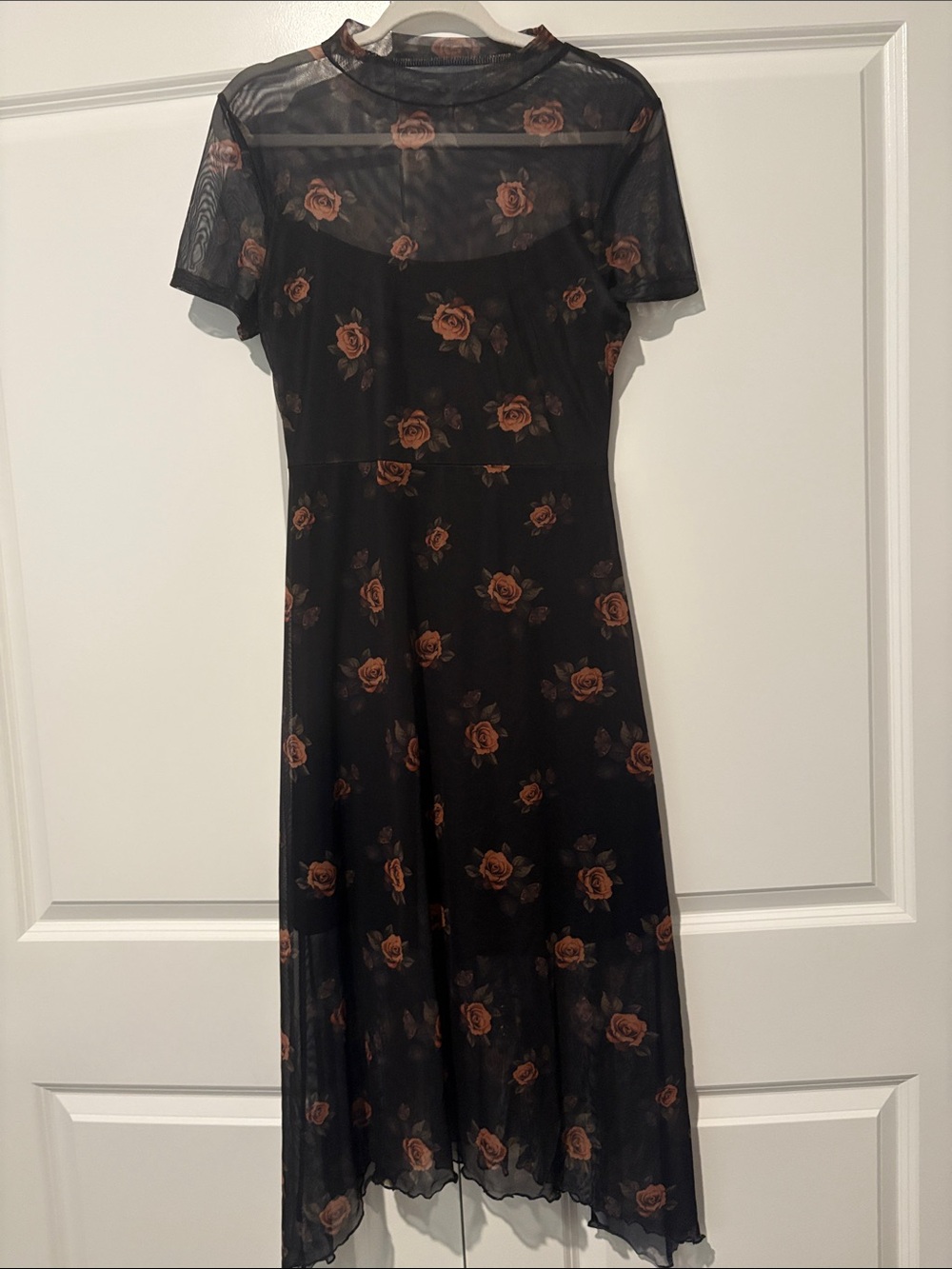 Goth Dark Women’s Black Sheer Floral Midi Dress with Rust Rose Print Size L
